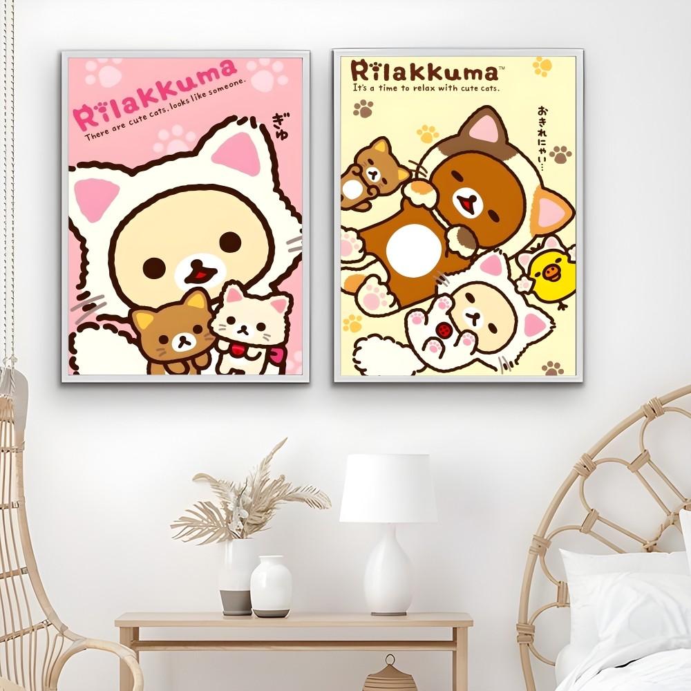 Uroczy Kreskówkowy Anime Rilakkuma Klasyczny Plakat HD 4K Samoprzylepny Druk na Ścianę Wodoodporny Wystrój Estetyczny do Domu Salonu Sypialni Baru