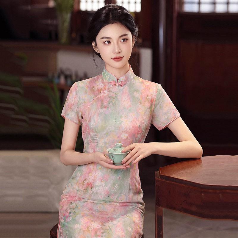 Pink Modern Chinese Style Long Cheongsam Dress Women 2026 Casual Wear With Stand Collar Design