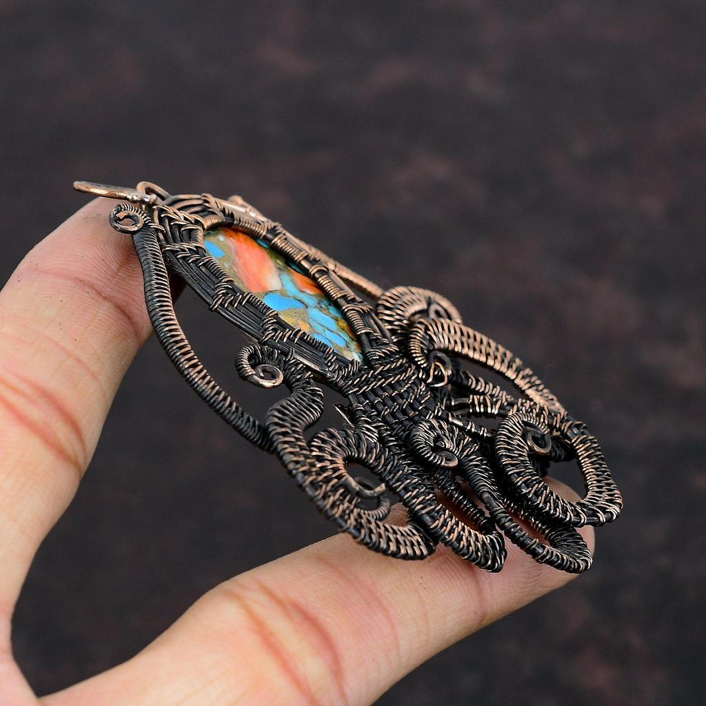 Spiny Oyster Copper Turquoise Pendant Copper Wire Wrapped Octopus Pendant Handmade Gemstone Pendant Designer Copper Jewelry Anniversary Gift