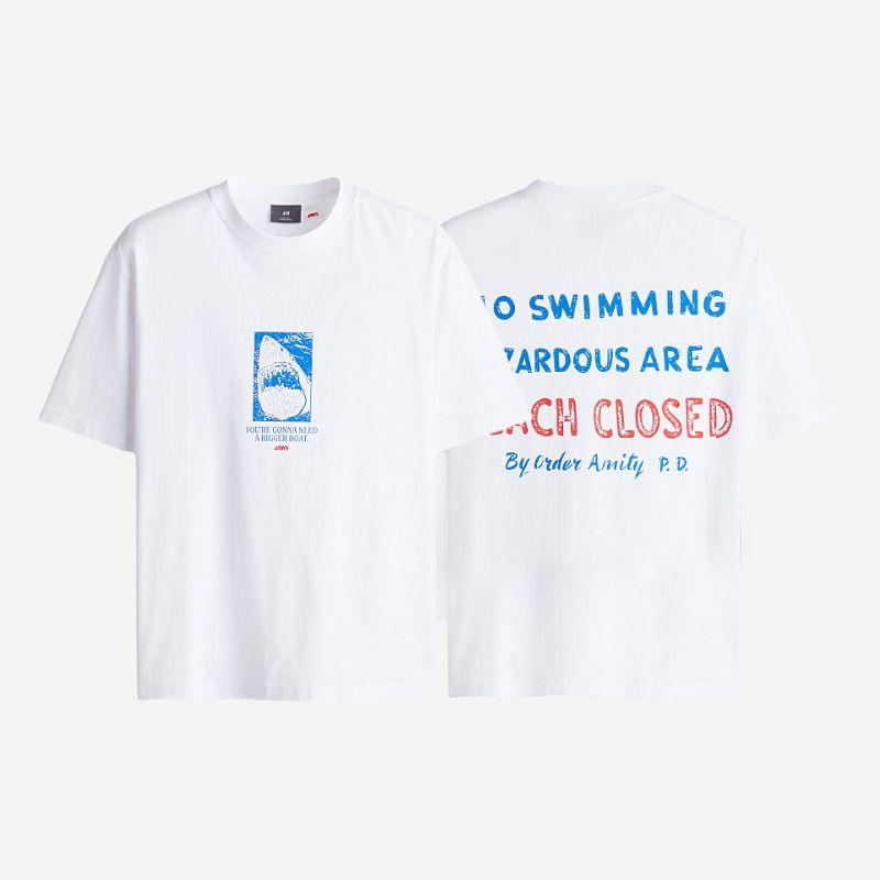 

[Белая акула] Мужская и женская футболка HM Летняя с принтом из фильма Свободный крой Со спущенным плечом Короткий рукав Топы 0972640