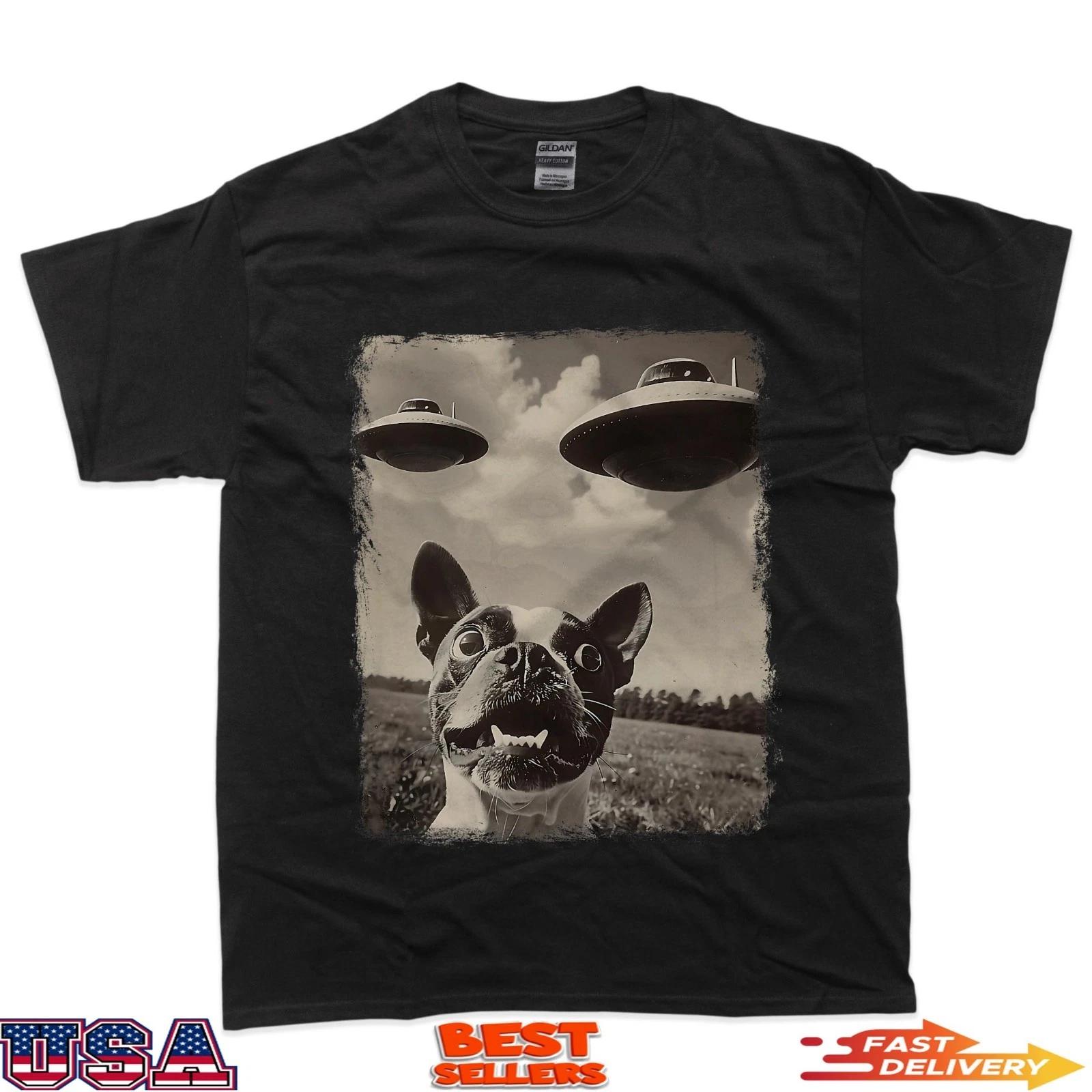 Boston Terrier Dog UFO Alien Extraterrestrial Selfie T-Shirt XL