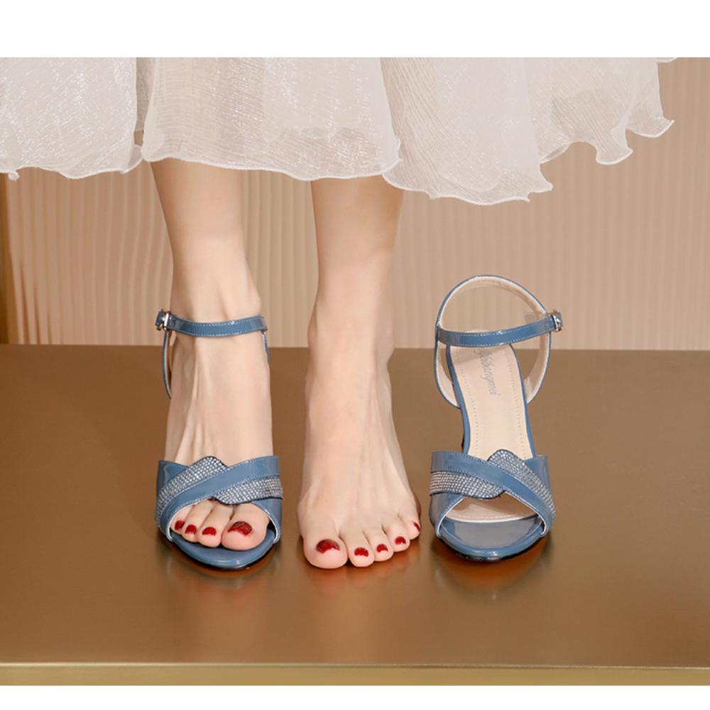 

модные босоножки женские летние 2024 новые с открытым носком мягкие ремни ромбовидные прямые пуговицы высокие толстые каблуки босоножки женские летние универсальные 39 синий