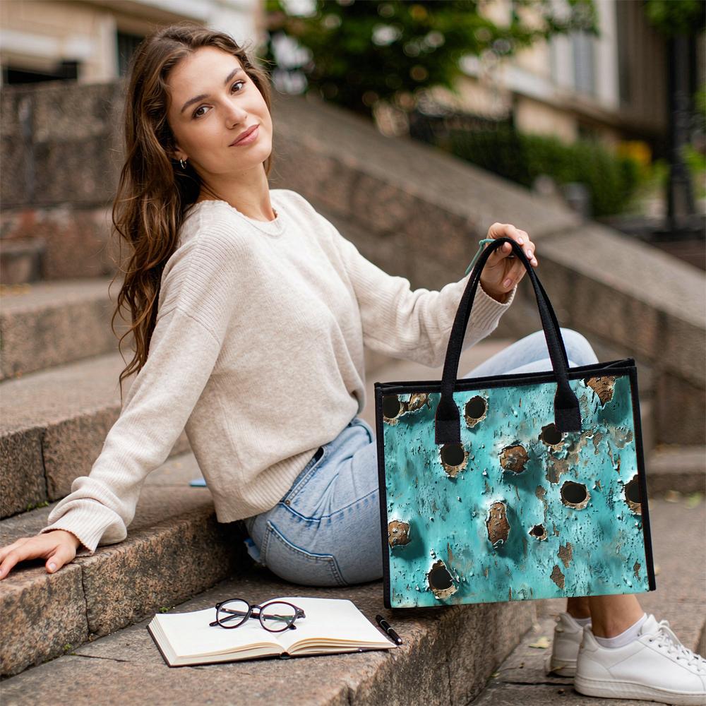 Vintage Rustic Turquoise Tote Bag Large Capacity Casual Daily Shoulder Handbag for Women Outdoor Shopping Commute