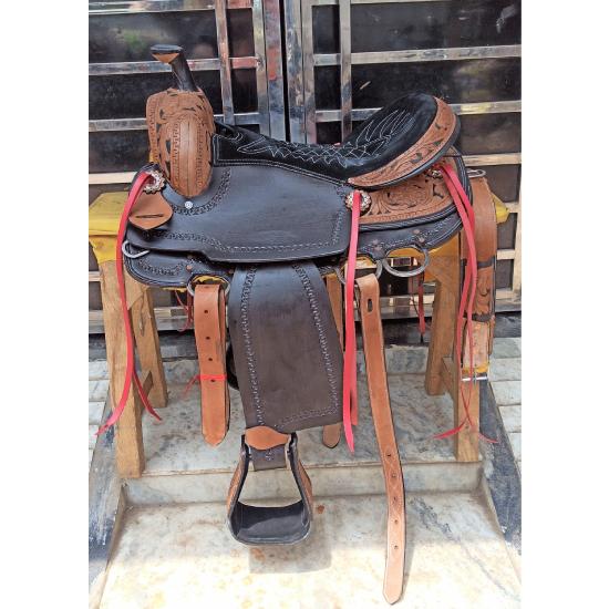Western barrel saddle on eco-leather buffalo
