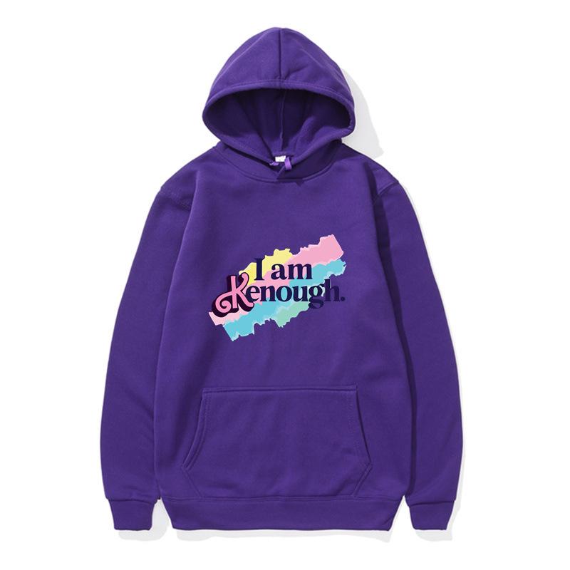 Unisex 'I Am Kenough' Rainbow Print Loose Hooded Sweatshirt - Black