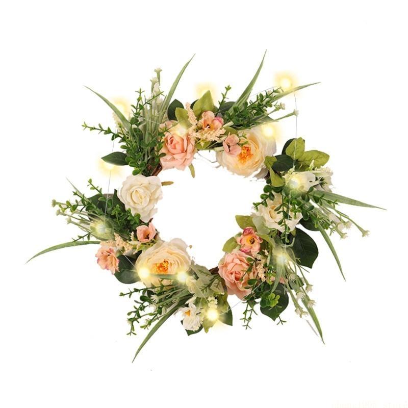 QX2E 15.7" Artificial Rose Wreath Front Door Decorations 40cm Wreath with Hydrangea & Green Leaves Wreath for Wall Decor