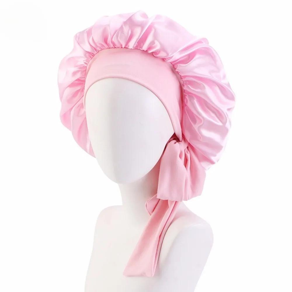 New Satin Solid Sleeping Hat With Stretchy Tie Band Elastic For Women Night Shower Cap Adjustable Hair Head Cover Bonnet Turban