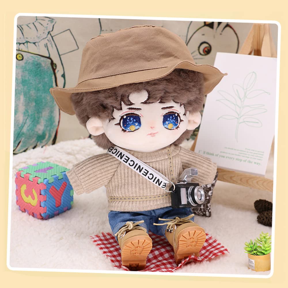 Niannyyhouse 20cm Doll Clothes Fisherman Hat Turtleneck Sweater Jeans Shoes Stuffed Animal Dress-up Cotton Doll Clothes (Beige-2)
