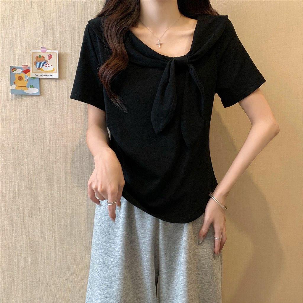 Navy Bow Collar Plus Size Short Sleeve T-Shirt - Women's Loose Fit Summer Top