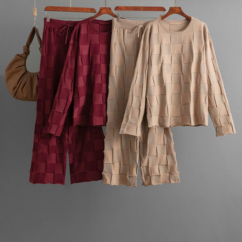 Square Grid Knitted Suit Women's Autumn And Winter Loose Oversized Sweater Casual Wide Leg Pants Two-piece Set