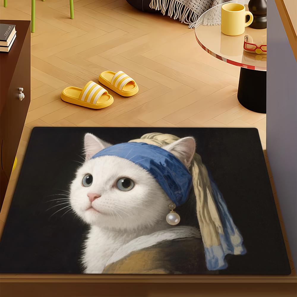 Girl with a Pearl Earring Cute Cat Microfiber Decorative Versatile Flannel Door Bath Floor Mat Quick Dry Absorbent Non-slip Sole