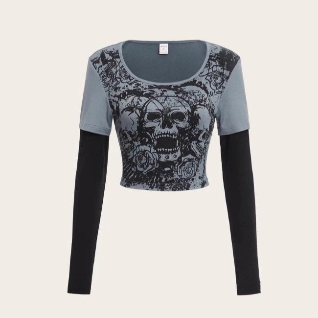 2026 Autumn/Winter Retro Street Style Y2K Printed Slim Fit Women's Tops