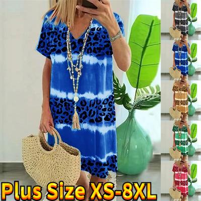 Summer Fashion V-neck Dress Ladies Short Sleeve Blue Leopard Print Printed Dress Loose Casual Dress for Women