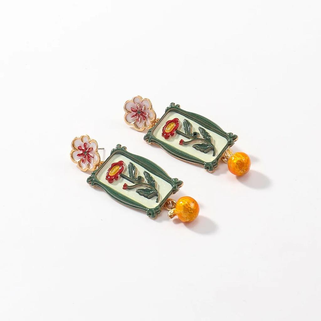 Bohemia Artistic Retro Exquisite Flower Dangle Pastoral Style Alloy Printed Drop Earrings for Women Ladies Jewelry Accessories