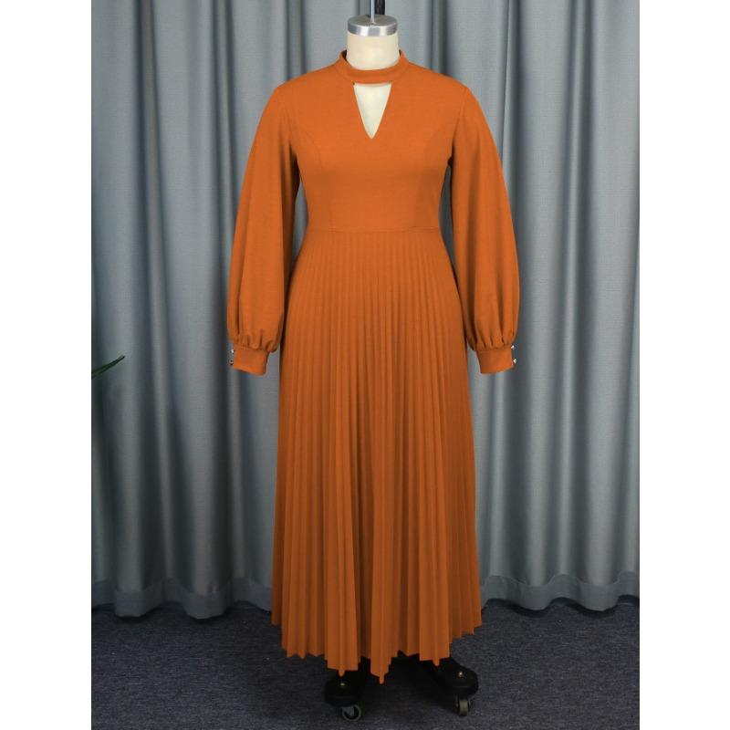 Aomei Elegant Solid Stand Collar Lantern Sleeve Pleated Long Dress For Women