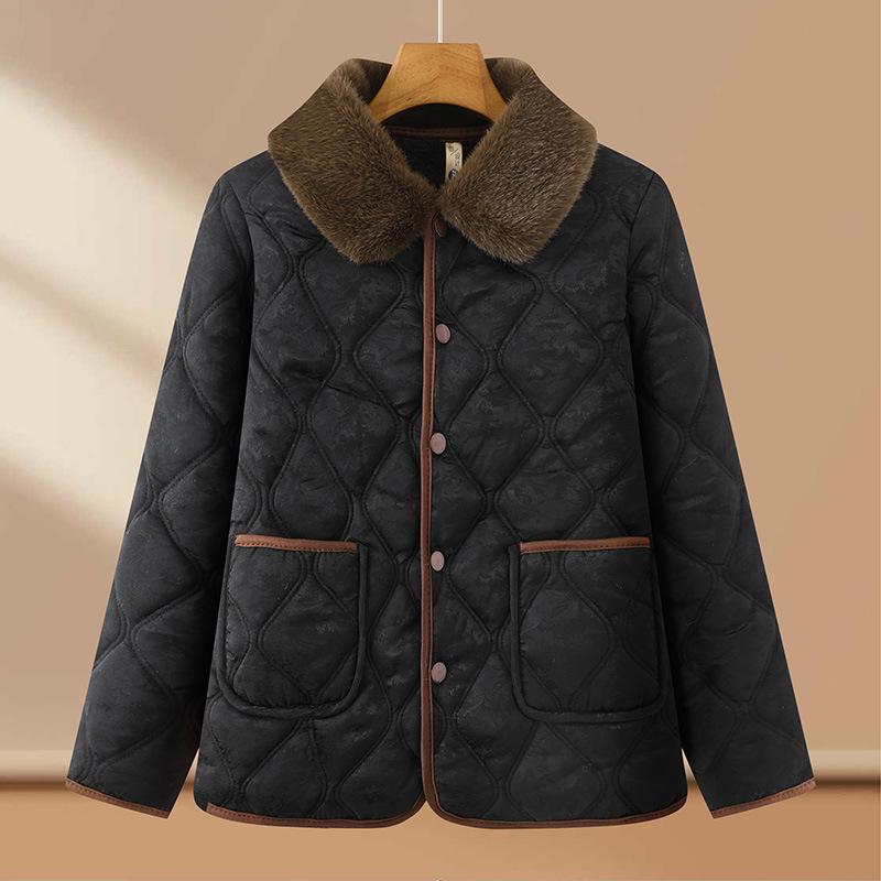 Stylish Floral Velvet-Enhanced Cotton Jacket for Middle-Aged Women - Short, Warm Autumn/Winter Wear for 50+.