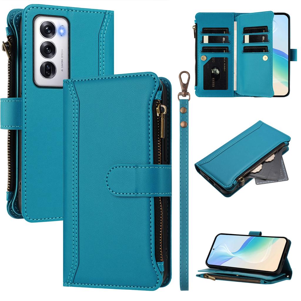 For Oppo Reno12 5G (Global) Leather Case 9 Card Slots Zipper Wallet Stand Phone Cover with Wrist Strap