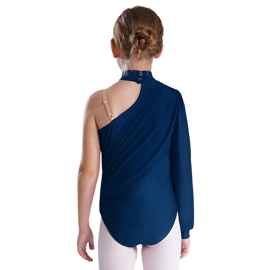 Jenter Ene Skulder Danse Drakotard Sceneopptredelseskostyme Mock Neck Langermet Rynket Nettoverlegg Bodysuit for Barn Gymnastikk