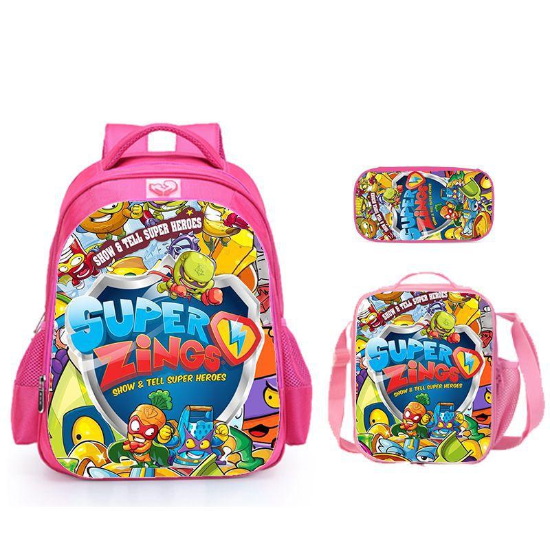 Super Zings Burden Reduction Lightweight School Bag + Meal Bag + Pencil Case Cartoon Printing Pattern - Three-Piece Straight Set