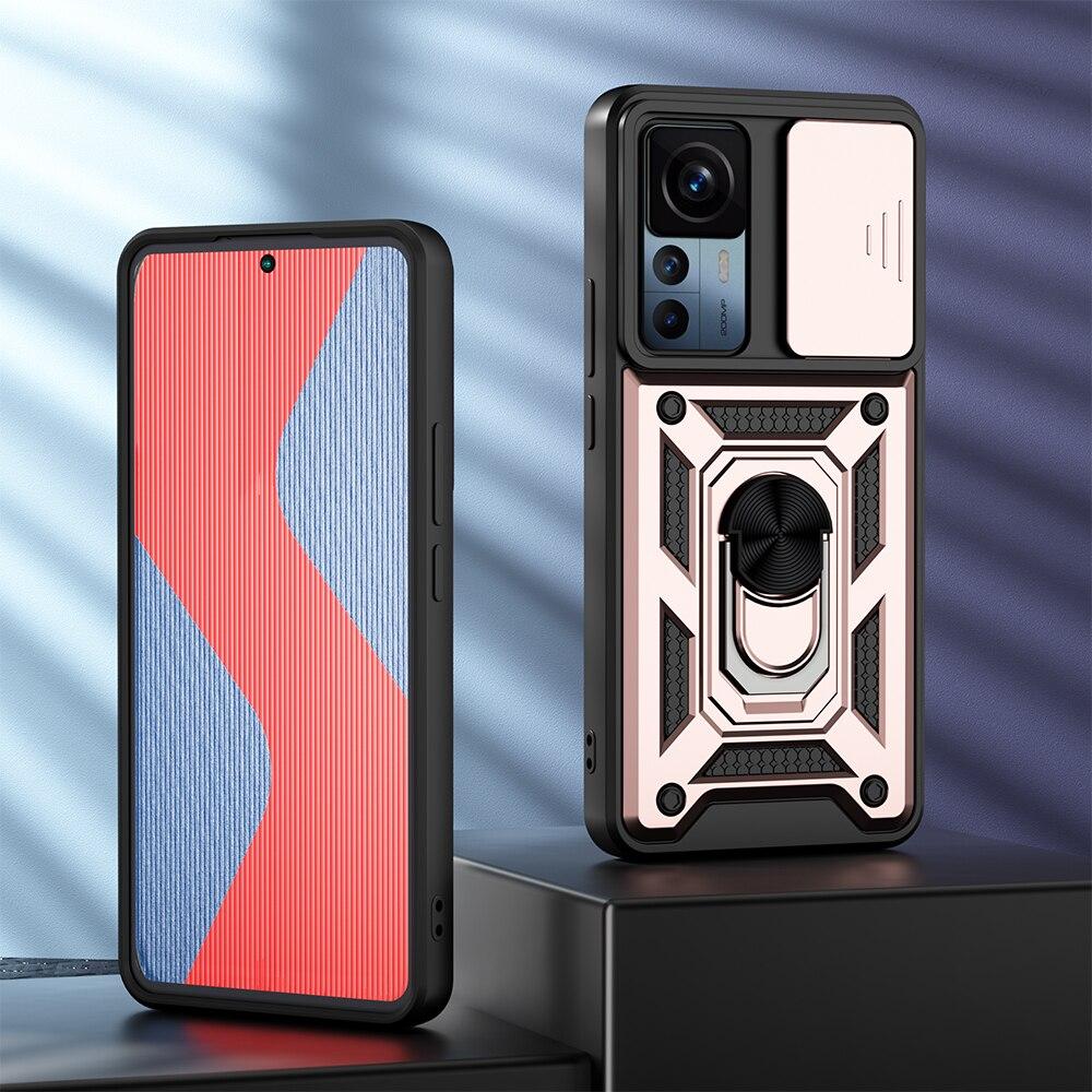 KEYSION Shockproof Case for Xiaomi 12T Pro 5G Push Pull Camera Protection Ring Stand Phone Cover for Redmi K50 Ultra