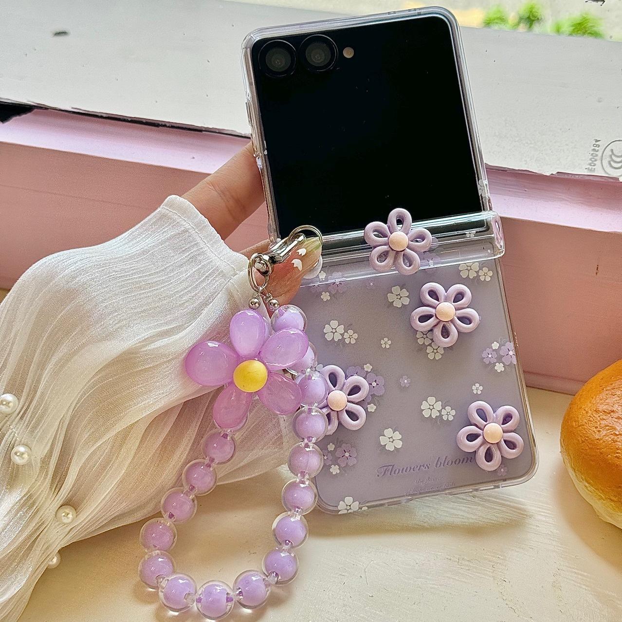Phone Cases Samsung, Korean Style Purple Floral Foldable Phone Cases with Bracelet ZFlip 3