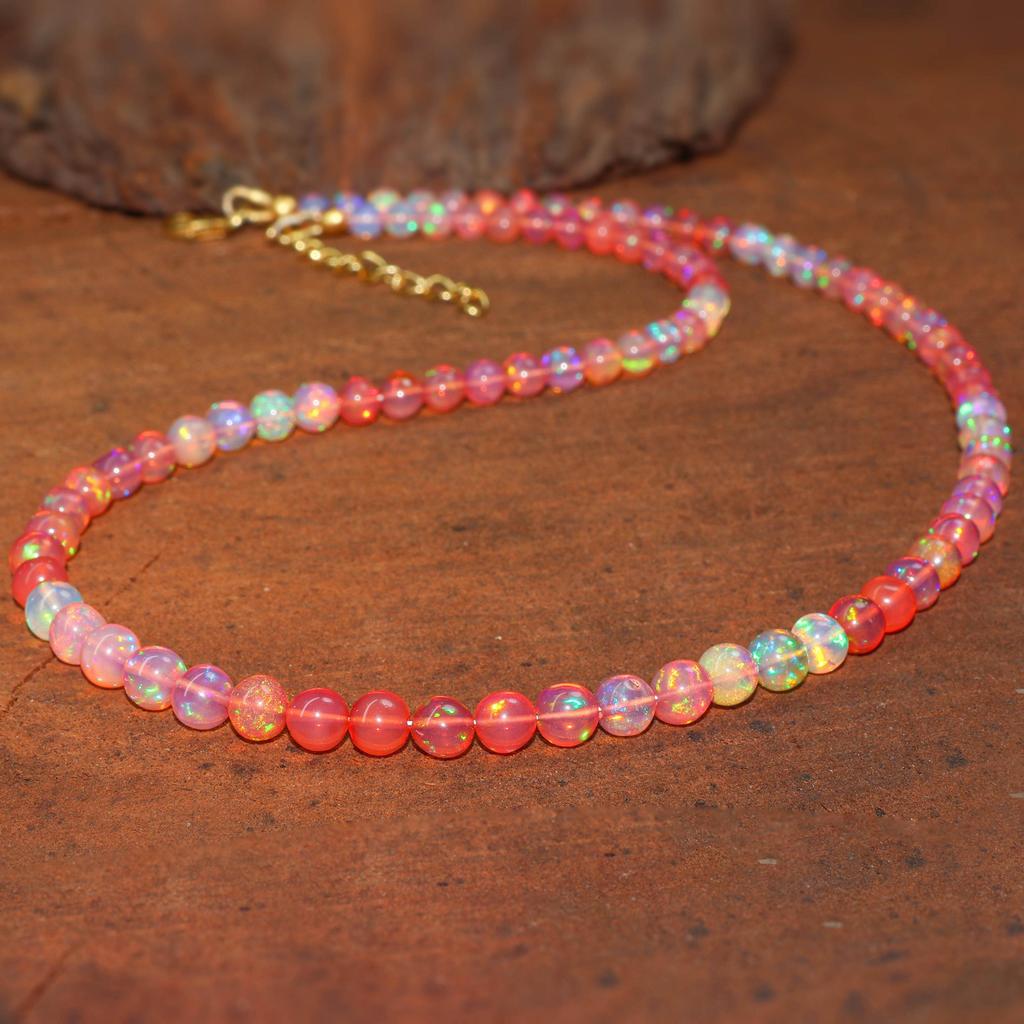 Red Shaded Opal Round Beads Handmade Necklace, AAA Genuine Round Opal Beaded Necklace, Handmade Necklace for Women, Birthstone Gift for Her