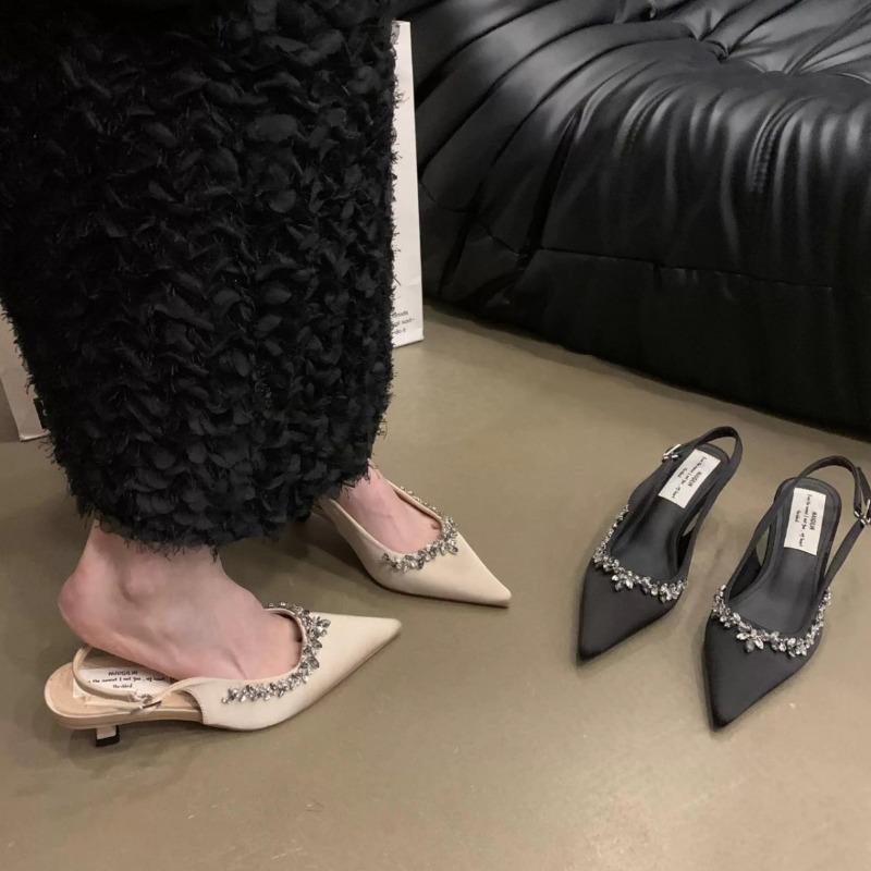 Tide brand new spring and summer nude pointed rhinestone high-heeled sandals women's rear air shallow mouth bag head single shoes niche