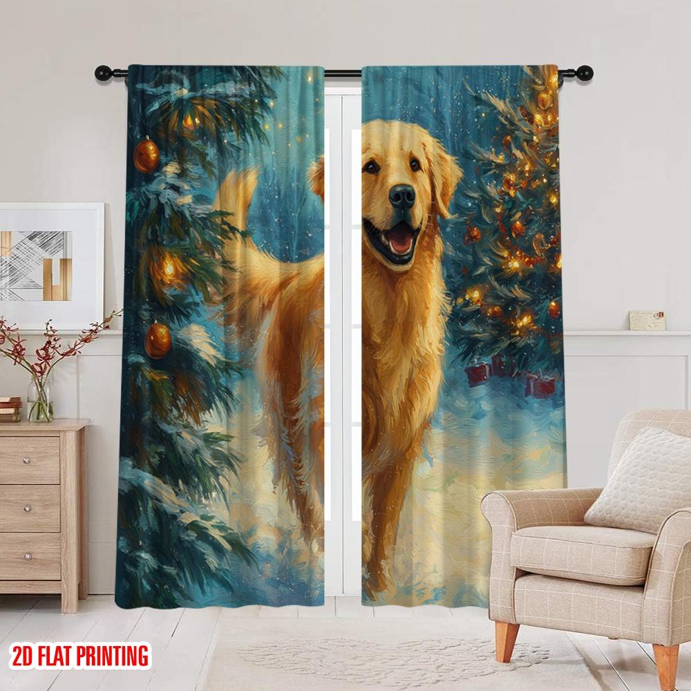 2pcs,2D Plane Printing Creative Curtains Snowy Christmas Scene with Evergreen Trees Versatile Durable Polyester (without Rod)