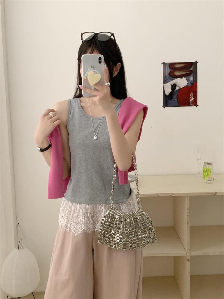 Frühling/Sommer 2025 Damen Ärmelloses Layering-Top mit Spitzensaum