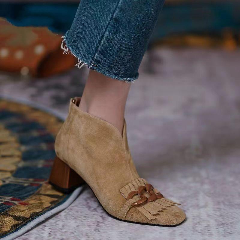 Mode Fransen High Heels Stiefeletten Damen Quadratische Zehen Wildlederschuhe Winter 2025 Trend Elegant Büroschuhe Retro Pumps Zapatos Mujer