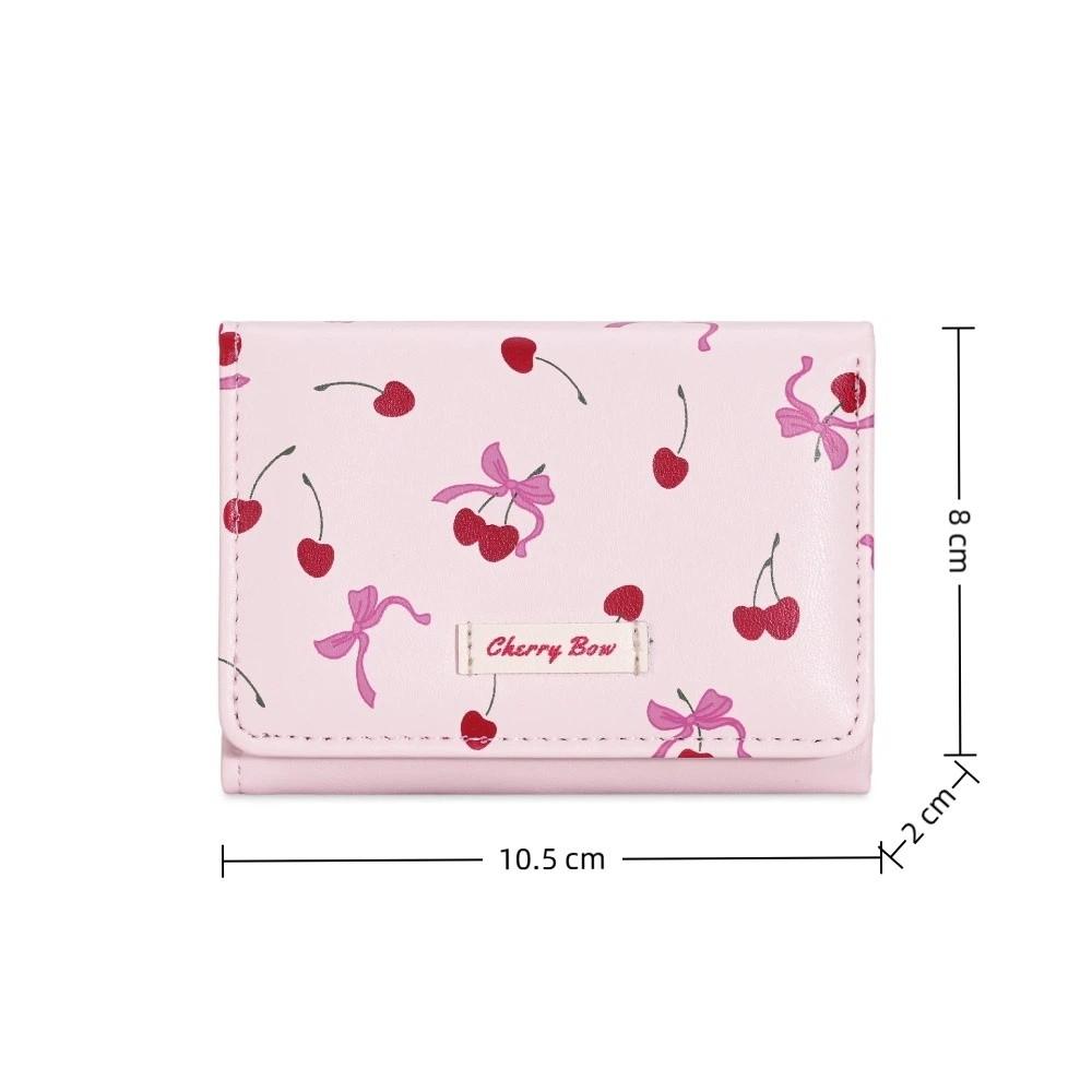 New Cherry Bow Printing Bow Printing Coin Purse Multi-Slot Tri-fold Short Wallet PU Leather Coin Pouch Women