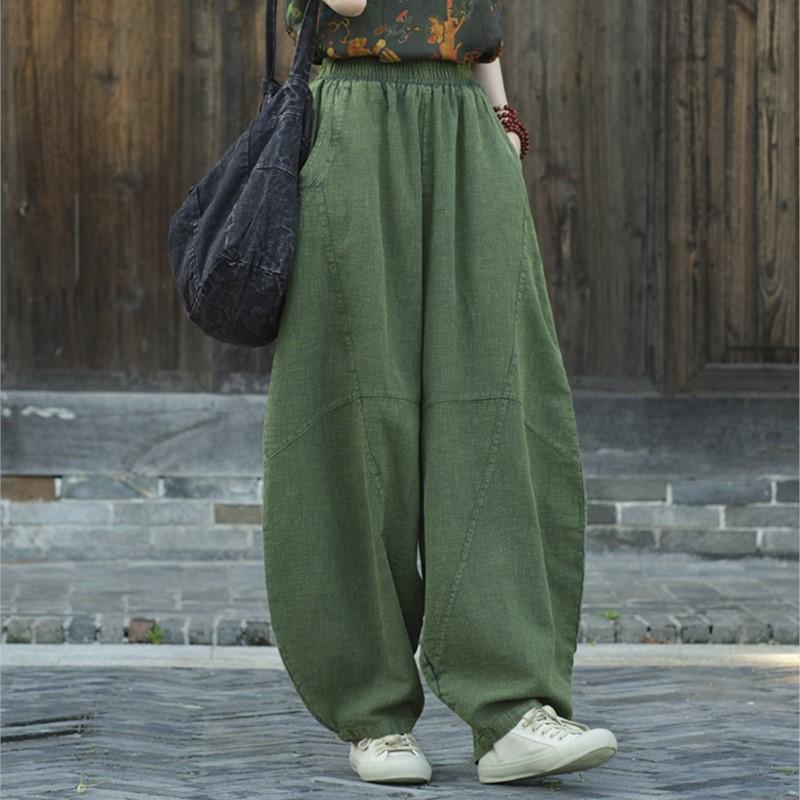 Women Vintage Linen Bloomers Pants Solid Color Patchwork Elastic Waist Spring Trouser Loose Pants