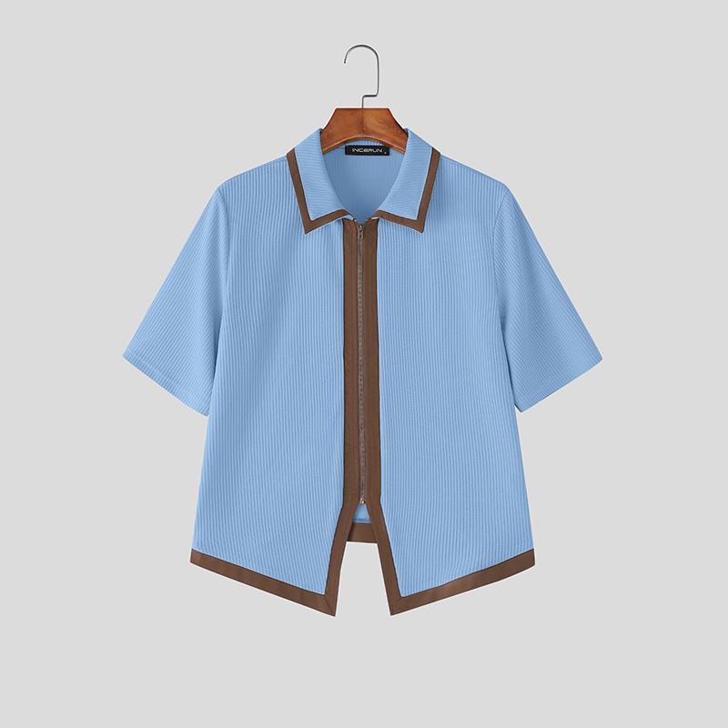 

INCERUN Summer Men Short Sleeve Stitching Zip-up Rib Casual Fitted Tops T-shirts 3XL синій
