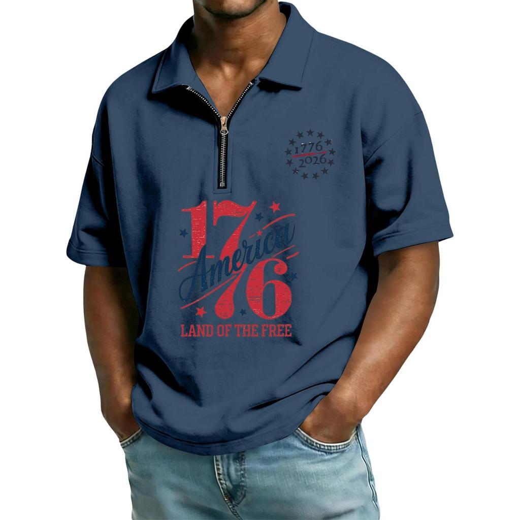 Men's Casual Loose Fit Polo Shirt Short Sleeve Zipper Front Independent Day Printed Design Comfortable Lightweight Top