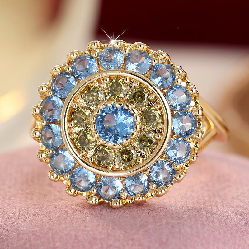 Exquisite Inlaid Sea Blue CZ Women's Ring Trendy Gold Color Geometry Daily Wear Party Jewelry Anniversary Gift