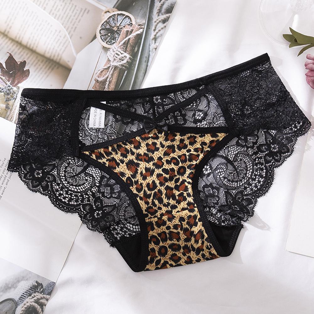 Women Leopard Bownot Transparent Briefs Underwear Lace Thongs Leopard Panties