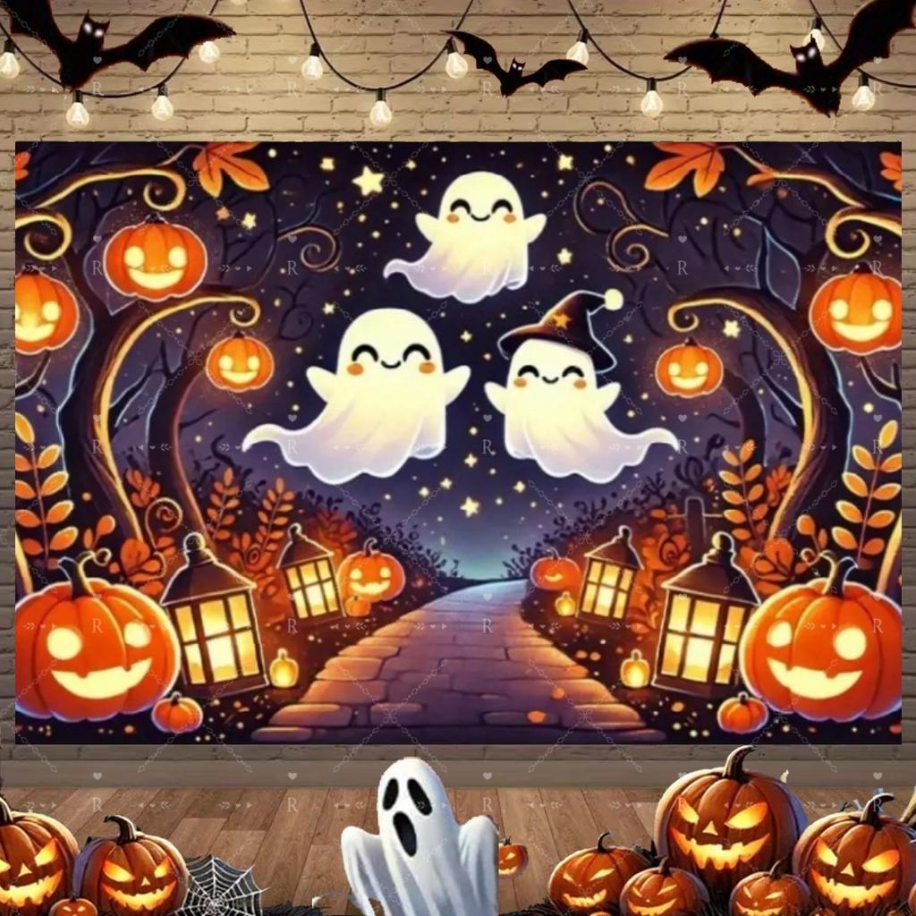 Happy Halloween Party Decoration Background Pumpkin Bat Moon Spider Web Cute Ghost Backdrop Trick or Treat Banner Holiday Decor95