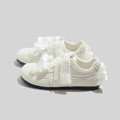 Elegante Kant Vlinderknoop Melkwit Platte Bodem Dames Schoenen Lente Nieuwe Stijl Veelzijdige T-band Platte Schoenen Casual Schoenen