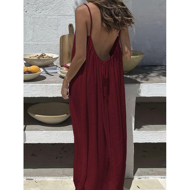 

Home Dressing Dress European and American New Women Sling Backless Loose Long Home Wear Dress Burgundy XL
