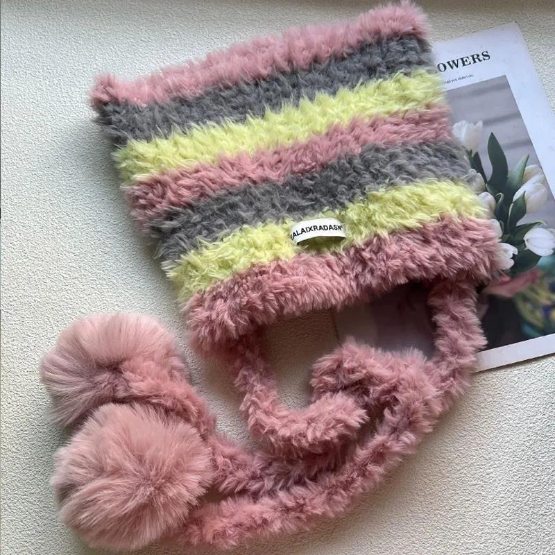 Plush Fluffy Cat Ear Knitted Hat Women Winter Thicken Keep Warm Cute Hair Ball Stripe Ear Protection Beanies Hats Pullover Cap