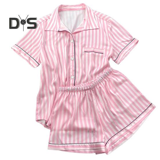 

2 шт./комплект женская рубашка шорты костюм лацкан короткий рукав атласный полосатый контрастный цвет топ эластичный пояс короткие брюки домашняя одежда одежда для отдыха летний наряд M