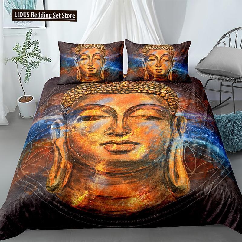 Mandala Buddha Duvet Cover Set King Size Exotic Ethnic Bohemian Bedding Set Golden Black Lotus Flowers Gorgeous Comforter Cover