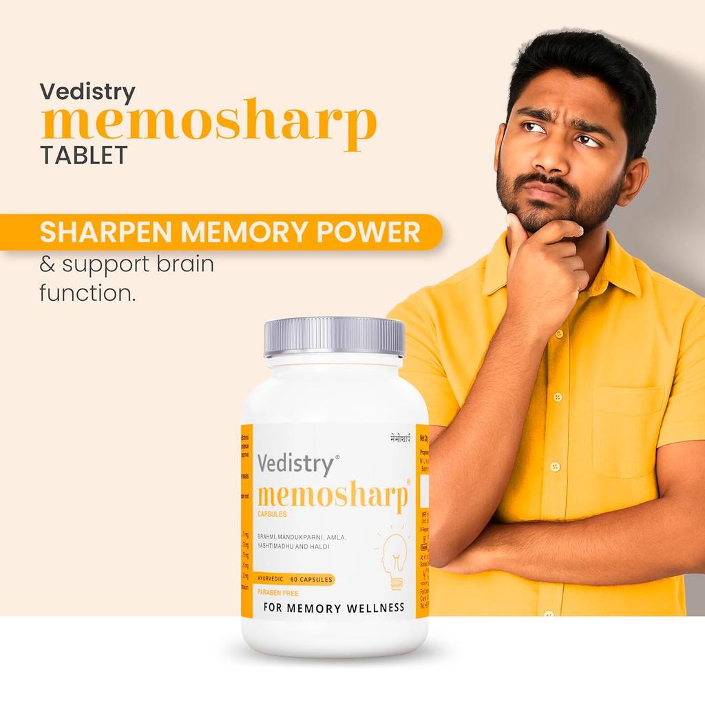 Vedistry Memosharp Memory Wellness Capsules Ayurvedic Brain Support Supplement For Focus Clarity Concentration  60 Capsules X Pack Of 2