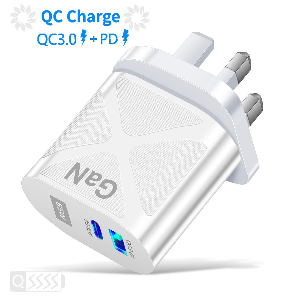 VAORLO 65W nabíječka GaN PD QC3.0 Rychlé nabíjení Rychlé nabíjení Nástěnná nabíječka EU UK Porty USA