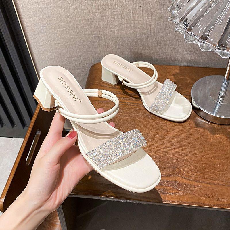 2025 new summer fashion sandals square head half slippers women's thick heel daily versatile large size women's shoes
