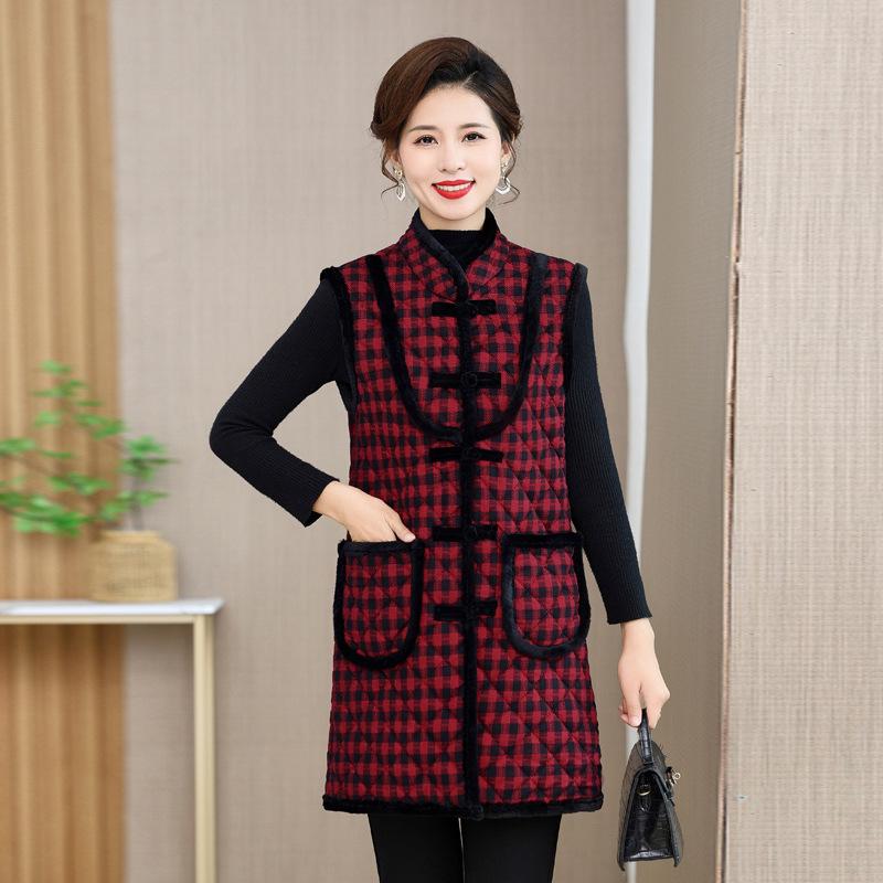 Ethnic-Style Autumn/Winter Velvet Mid-Length Tang Suit Vest for Middle-Aged and Elderly Women