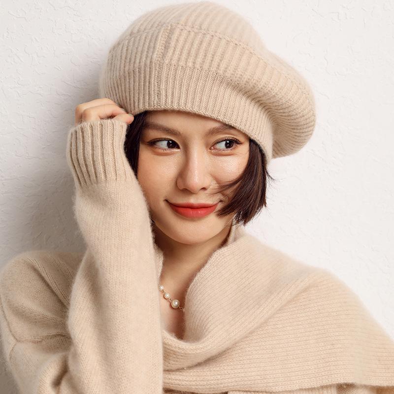 Cashmere Autumn and Winter New Women's High End Solid Color Knitted Outdoor Warm Outer Wear Ingot Needle Beret Hat