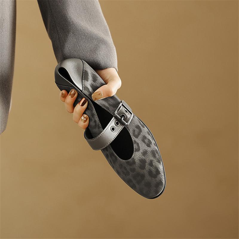 Fashion New Spring/summer Mary Jane Shoes Genuine Leather Shoes for Women Fashion Leopard Print Round Toe Shallow Women Pumps Low Heels