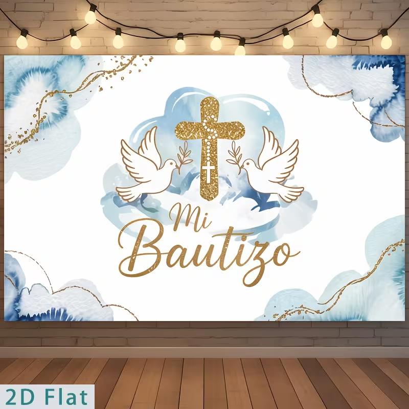 

2D Mi Bautizo Photography Background, Elegant Blue & Gold Religious Decor 47.2x31.5inch/120*80cm