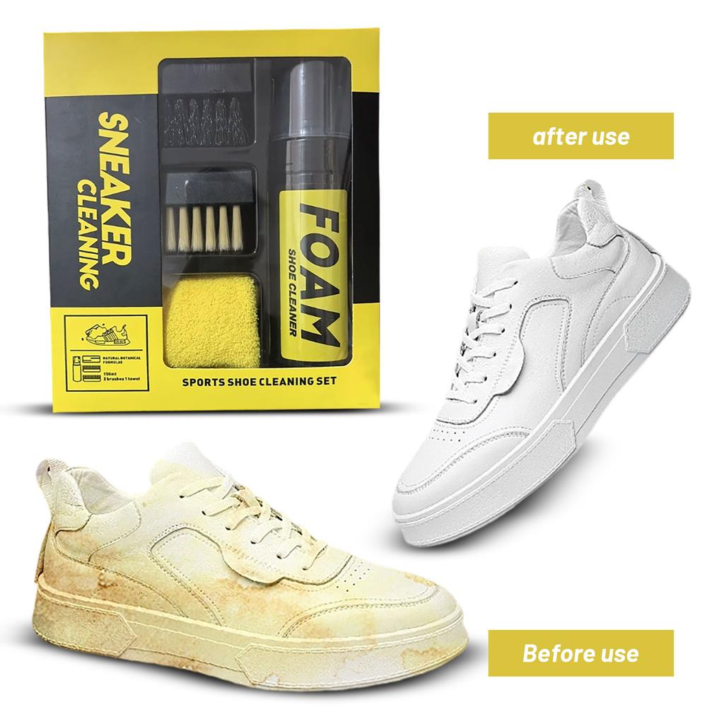 Kit di Pulizia per Sneaker con Detergente Schiumogeno, Spazzola e Panno in Microfibra per Scarpe Sportive - Set Completo per la Cura delle Scarpe 150ml